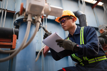 A male maintenance engineer is checking a pressure valve system in a water pipe and recording values