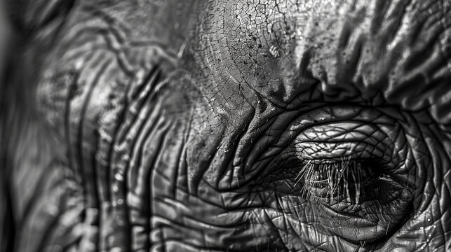 A detailed close-up of an African elephant?s wrinkled skin, sharp focus on the intelligent eyes, intricate textures and natural tones, transparent background