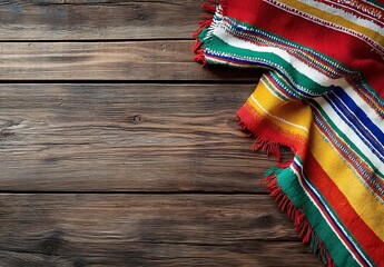 A wooden table with a colorful Mexican serape blanket