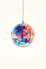 colorful disco ball hanging from ceiling, featuring vibrant mosaic of squares in various shades. This minimalist design adds playful touch to any space
