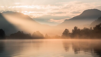 Obraz premium Golden hour sunlight streaming over a tranquil lake surrounded by misty mountains. The serene landscape captures the calmness of nature.