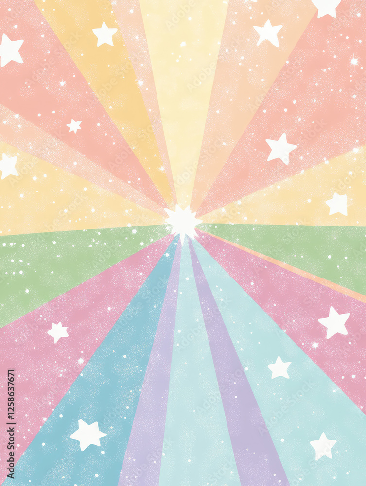 Poster bright pastel rays radiate from central point, adorned with stars and sparkling texture, creating wh