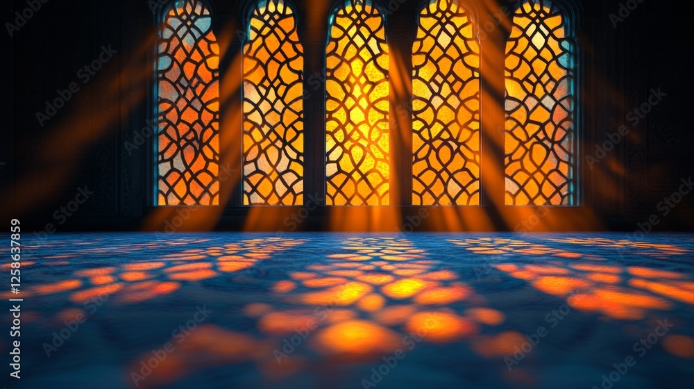 Poster Soft rays of light filter through ornate arabesque windows, casting intricate shadows on the floor. This enchanting setting captures the beauty of artistry at twilight, evoking a serene atmosphere