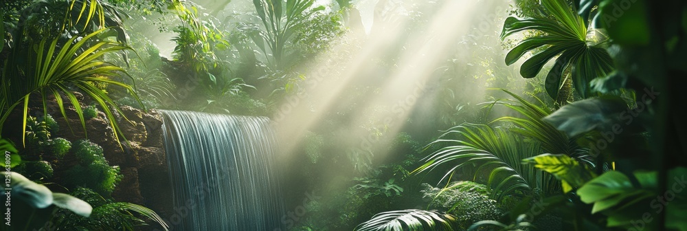 Poster serene waterfall cascades through lush tropical jungle under soft sunlight filtering from above. gen