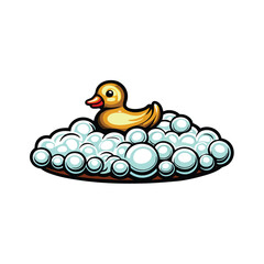 Create a vector illustration of a bubbly bath overflowing with foam, featuring a cheerful yellow rubber duck.  Include realistic foam texture.