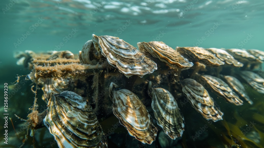 Poster Oysters are clustered together on a submerged frame in clear coastal waters, showcasing their natural habitat and growth patterns in a serene environment.