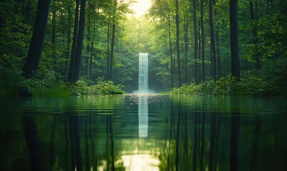 Fototapeta premium Serene waterfall in forest, sunlight, calm water, nature scene, peaceful background, ideal for relaxation or travel