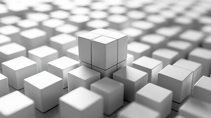 Minimalist white cubes arranged in 3D grid, with one cube standing out prominently. image conveys sense of order and simplicity, perfect for modern design concepts