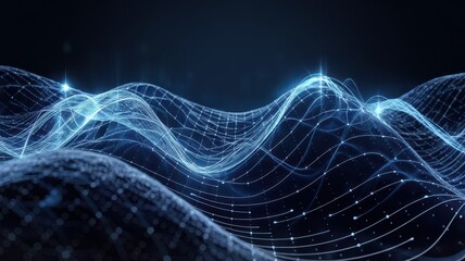Abstract digital wave pattern in blue tones, creating a sense of depth and movement with luminous effects and a futuristic feel.