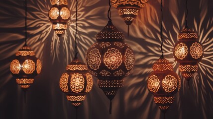 An enchanting display of intricately designed wooden lanterns casting beautiful shadows, creating a warm and inviting atmosphere.
