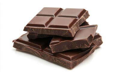 Dark chocolate pieces, close-up, studio shot, white background, food photography