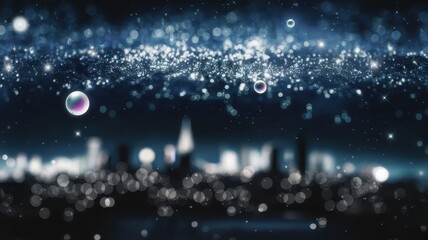 Captivating night sky filled with shimmering stars and distant planets, set against a blurred urban skyline, evoking a sense of wonder and infinity.