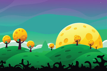 Ethereal fantasy landscape a planet formed of giant cheese, populated by yellow, bioluminescent trees under a swirling, milky sky.