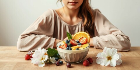 A woman sits at a table with a bowl of fruit in front of her. The bowl contains strawberries, blueberries, and oranges. The table is covered with flowers, adding a touch of elegance to the scene