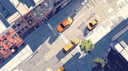 High-angle view of city street with taxis.