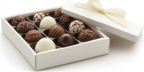 A beautifully arranged assortment of chocolates in a decorative box, elegantly tied with a luxurious bow, perfect for gifting or indulging.