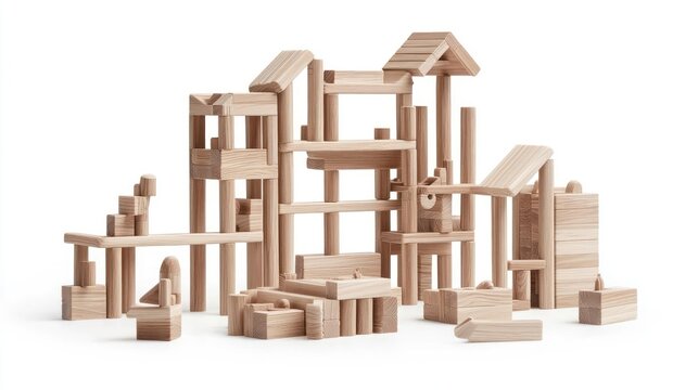 Wooden Building Blocks Structure On White Background
