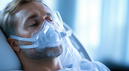 a man is resting in hospital bed, wearing CPAP mask for respiratory support. soft lighting creates calm atmosphere, highlighting importance of medical care