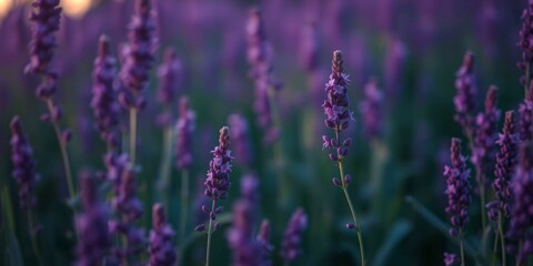 Obraz premium A beautiful field of purple lavender flowers with a single purple flower in the foreground. Scene is serene and peaceful, as the purple flowers are spread out in a field, creating a calming