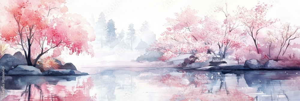 Poster serene landscape with cherry blossoms reflecting in a tranquil lake at dawn in a peaceful setting. g