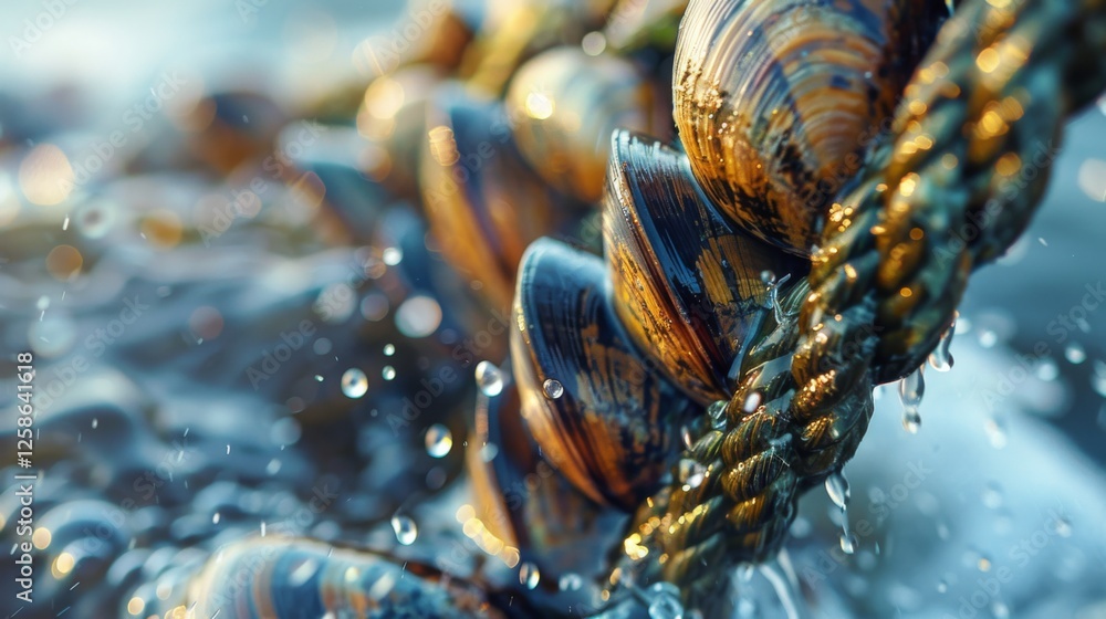 Aufkleber Mussels are tightly attached to a rope submerged in clear ocean water. Sunlight filters through, enhancing the vibrant colors of the shells and creating a serene underwater atmosphere.