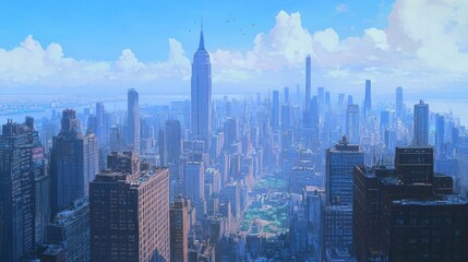 Hazy summer day aerial view of Manhattan skyline, skyscrapers, and Central Park.