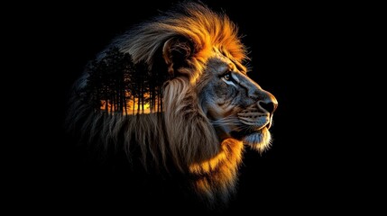 Majestic Lion Silhouette Sunset Forest Image Wildlife Nature