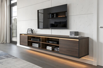 TV console in a dark wood finish with LED strip lighting underneath, featuring open shelving and hidden compartments for storage, mounted on a minimalist white wall.