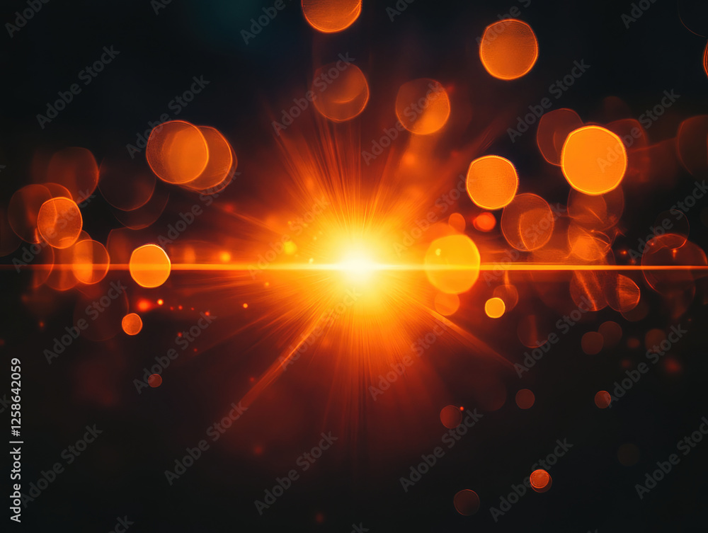 Poster bright orange lens flare with glowing bokeh effects on dark background, creating vibrant and dynamic