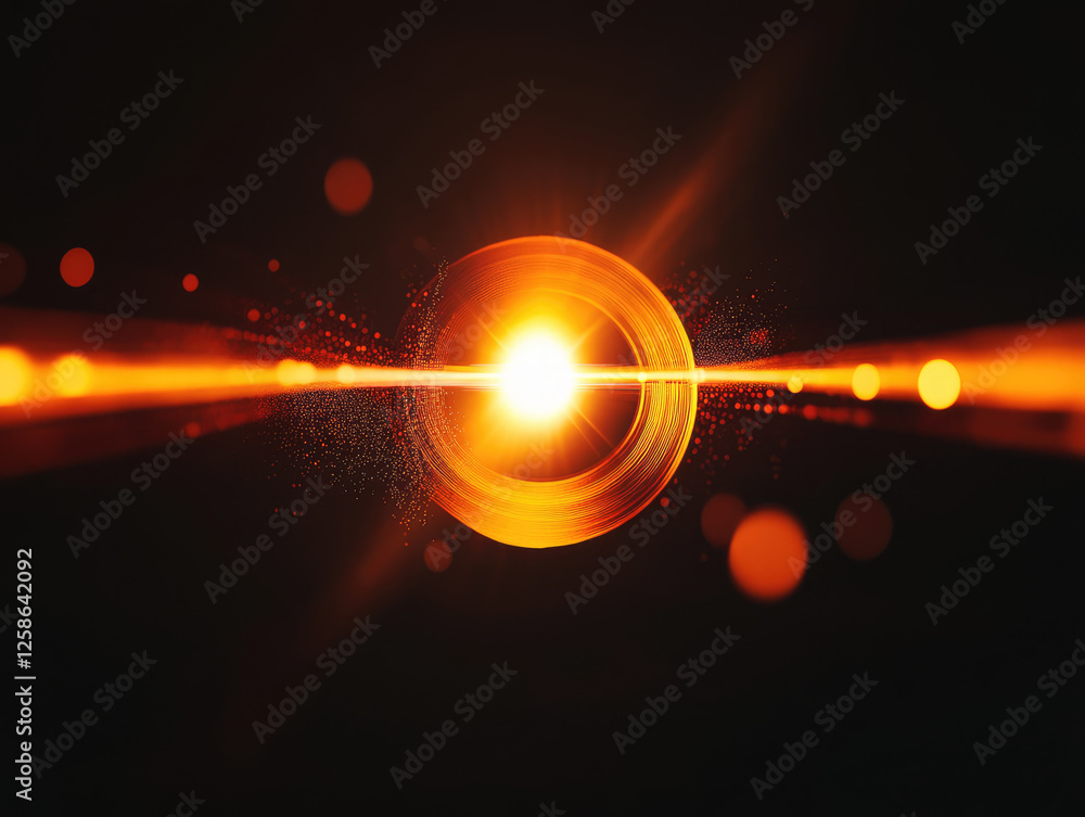 Poster bright orange lens flare with glowing particles on black background, creating dynamic and energetic 