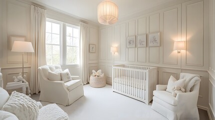 White nursery room featuring a crib with soft lighting and minimalist decor for a calming environment