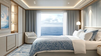 Luxury cruise ship stateroom ocean view bed