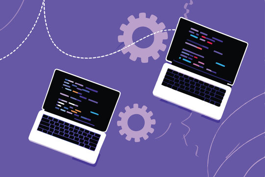 Create a vibrant vector background illustrating coding and programming concepts, featuring a laptop and abstract data representations.