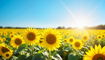 Fototapeta premium Vibrant sunflowers blooming in golden field at sunrise, nature's beauty