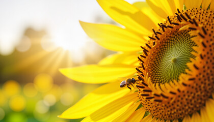 Fototapeta premium Bee gathering nectar from vibrant sunflower in sunny garden, nature's harmony