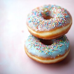 Two Glazed Donuts with Rainbow Sprinkles on Pink Background