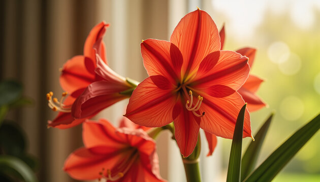 Vibrant red amaryllis flowers blooming indoors, natural beauty