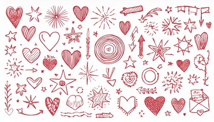 Cute red line icon sketch element. Hand drawn red line sketch text decoration star sparkle, arrow, heart element set. Simple drawn sun sparkle, flower, emphasis symbol background. perfect any project.