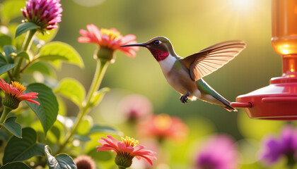 Vibrant hummingbird hovering near colorful flowers, nature's beauty