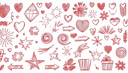 Cute red line icon sketch element. Hand drawn red line sketch text decoration star sparkle, arrow, heart element set. Simple drawn sun sparkle, flower, emphasis symbol background. perfect any project.