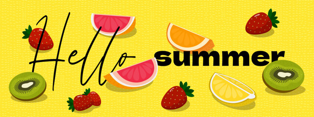 Bright and vibrant hello summer banner featuring fresh fruits. Oranges, kiwi and strawberries in juicy design. Perfect for promoting healthy, seasonal treats or refreshing beverages with modern touch. © Azat Valeev