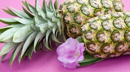 Fototapeta premium Two Green Pineapples with Purple Flower on Pink Background