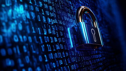 Cybersecurity lock and information or network protection refer to the practices, technologies in blue  color  with lights 