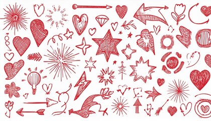 Cute red line icon sketch element. Hand drawn red line sketch text decoration star sparkle, arrow, heart element set. Simple drawn sun sparkle, flower, emphasis symbol background. perfect any project.