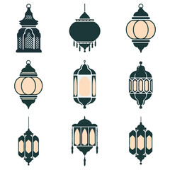 Ramadan Kareem background with hanging lamps and stars Eid Al Adha mubarak poster. Hanging colorful lantern Vintage Lamp Hand Drawing Set