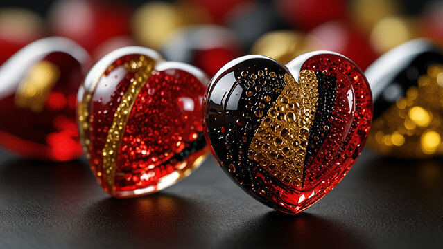 Glass hearts, red and black, glitter, gold sparkles, macro photography, shiny surface, reflective, depth of field, Valentine's Day generative ai