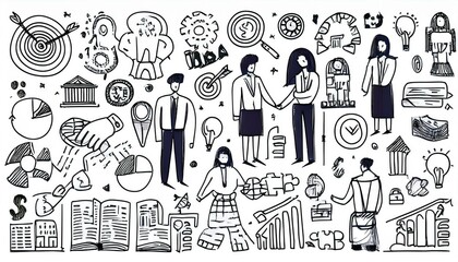 Obraz premium Doodle business team icon set. Doodle teamwork people community, office man group work concept. Target, gear, handshake element. Hand drawn sketch style perfect any project.