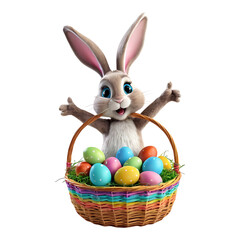 Easter bunny carrying a basket of colorful eggs