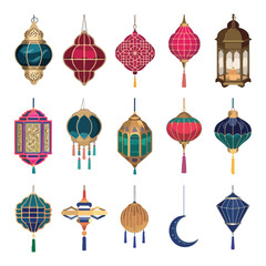 Ramadan Kareem background with hanging lamps and stars Eid Al Adha mubarak poster. Hanging colorful lantern Vintage Lamp Hand Drawing Set