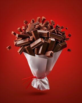 Gigantic Bouquet of Tempting KitKat Chocolate Bars Floating on Vibrant Red Background